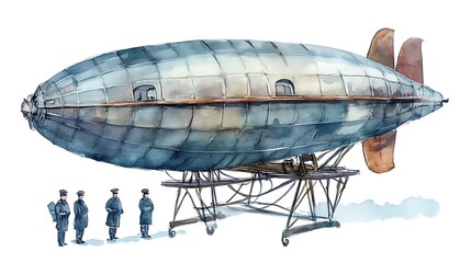Watercolor illustration of a vintage airship with a crew of four.