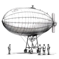 A vintage illustration of a blimp with a propeller and four men standing nearby.
