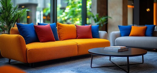 Modern orange couch with colorful pillows and coffee table in a lounge.