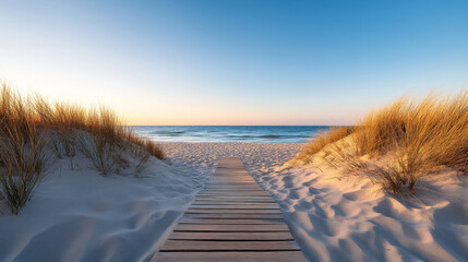 A tranquil deserted beach at twilight, featuring wooden pathway leading through soft sand and tall grass, evoking sense of serene escape and dreamlike beauty
