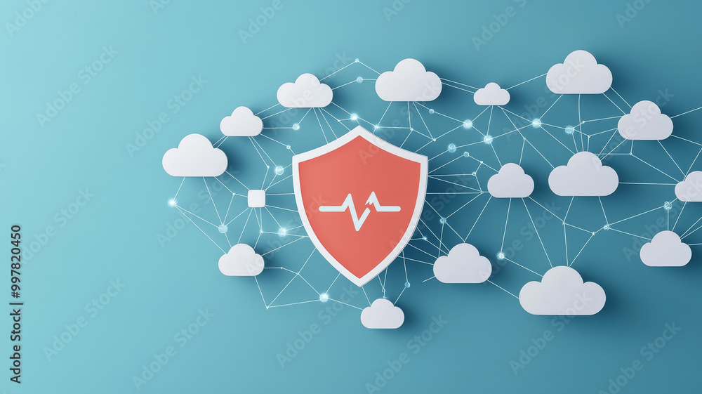 Poster secure vpn for cloud access is represented by shield icon surrounded by interconnected clouds, symbo
