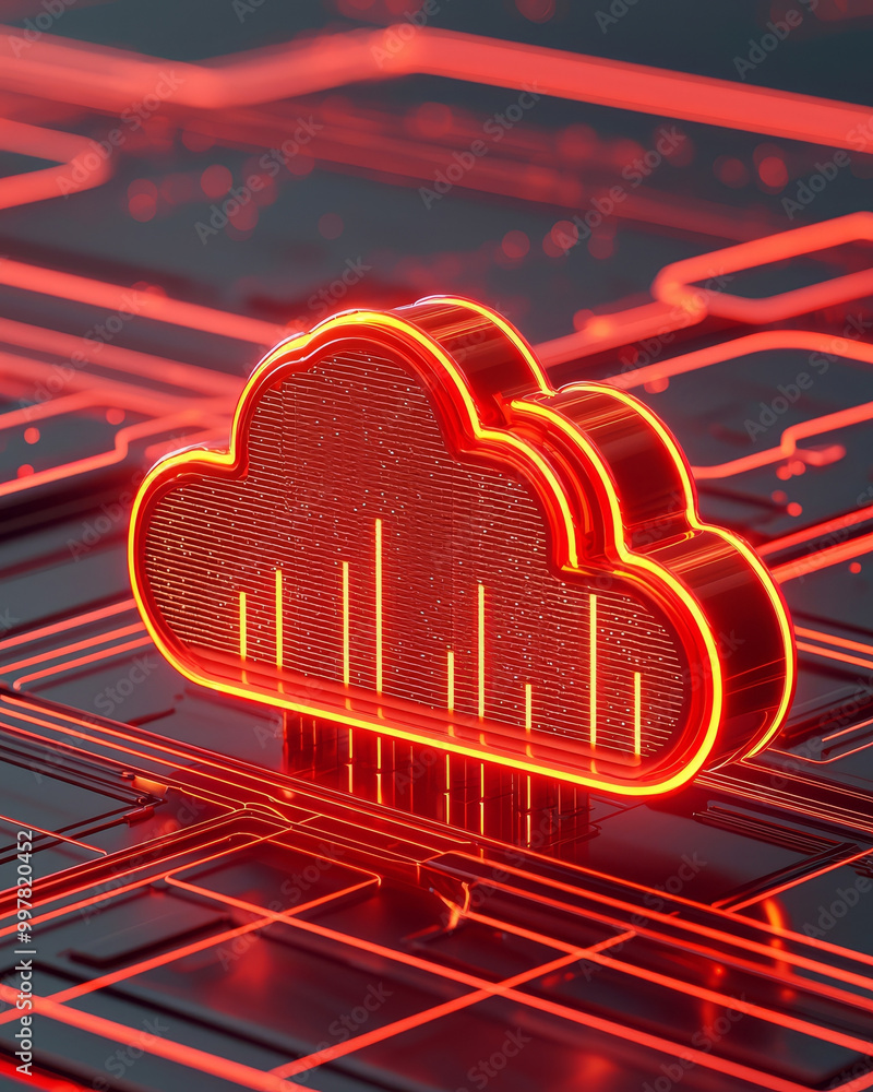 Poster a 3d illustration of cloud symbol, illuminated in red, surrounded by intricate circuit patterns. thi