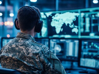 Military command center with soldiers coordinating operations, focused on screens displaying maps and data. atmosphere is intense and strategic, highlighting importance of communication and technology