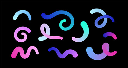 Fluid ribbons set. Editable gradient lines, flowing neon elements, liquid shapes for party backgrounds, business designs. Vector contemporary illustration. Dynamic graphics. Wavy futuristic doodles.