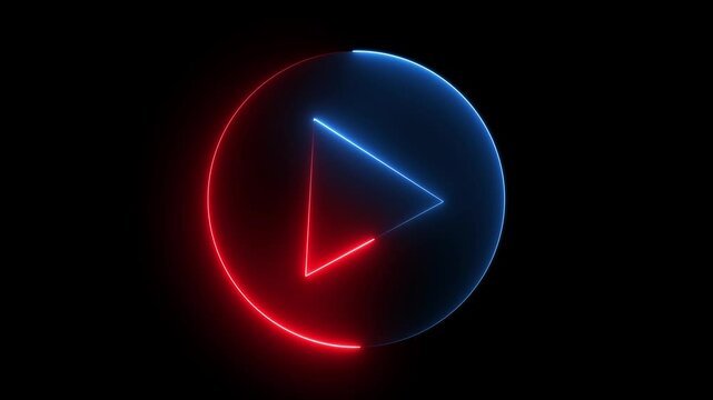 Neon glowing Play button animation on black background. Music play button icon animation