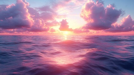 Fototapeta premium Serene sunset over calm ocean waters with vibrant clouds.