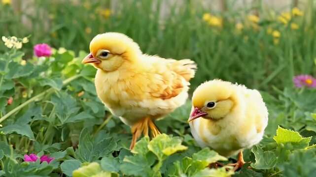 Two baby chicks stand home garden marking start their journey hatchlings egglaying ns process spans four months beautifully captured charming springtime 4K