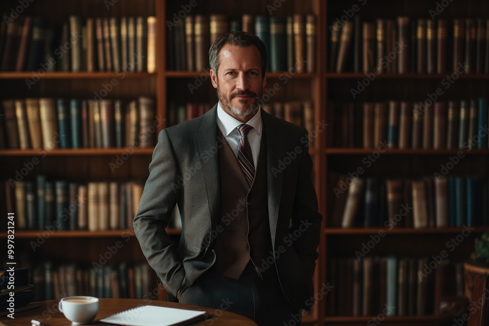 Aufkleber the distinguished professor stands tall, wearing a suit, confidently positioned before a large books