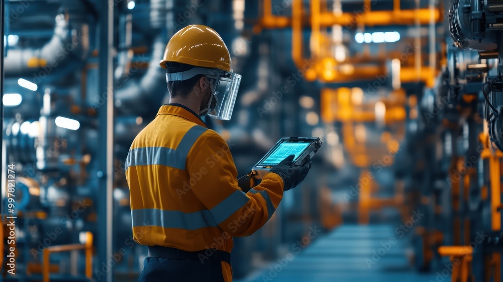Poster technician checking safety protocols in a petroleum facility with autonomous robots