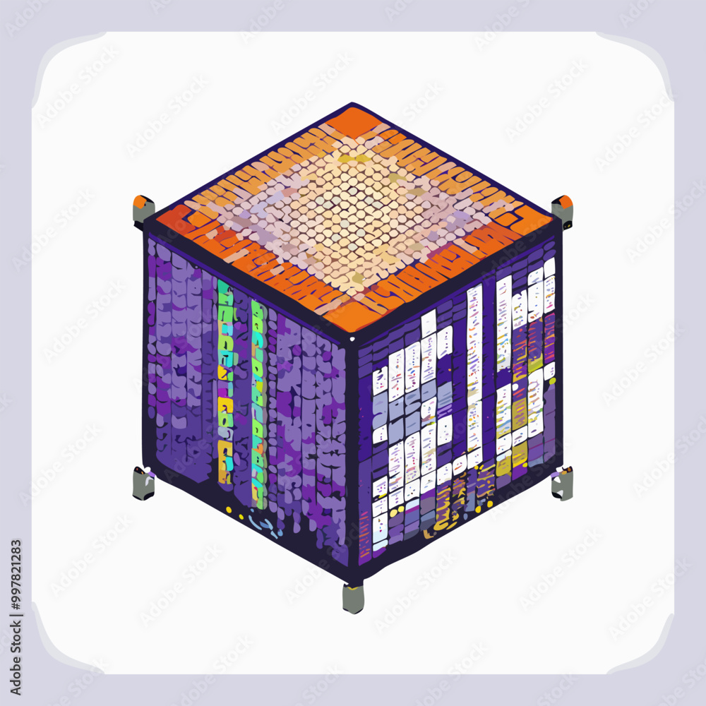 Poster isometric 3d vector illustration of a box with blue maze pattern