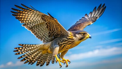 Obraz premium A majestic falcon soars against a clear blue sky, showcasing the splendor and grace of nature, embodying freedom