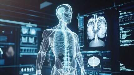 The 3D rendering of a human body scanned for medical blueprints in virtual reality