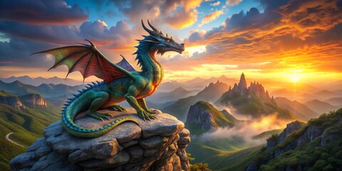 Fototapeta premium A majestic dragon king sits atop a mountain peak, surveying a mystical fantasy realm bathed in the warm