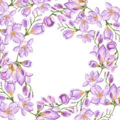 Fototapeta premium Round frame of freesia flowers. Purple flowers for business cards, invitations to weddings, birthdays. Watercolor illustration in vintage style for design of cosmetics, perfumes and hygiene products