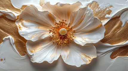 Piękny biały kwiat ze złotem, dekoracyjna tapeta tło generative ai 