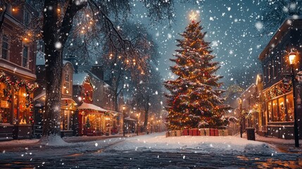 Winter Wonderland with Christmas Tree in the Evening