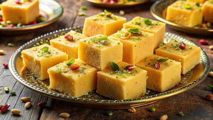Delicious khoya burfi squares arranged on decorative plate, garnished with nuts and green herbs, showcasing rich, creamy texture and vibrant colors. Perfect for festive occasions!