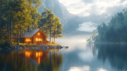 Fototapeta premium Serene lakeside cabin surrounded by mountains and trees at dawn.