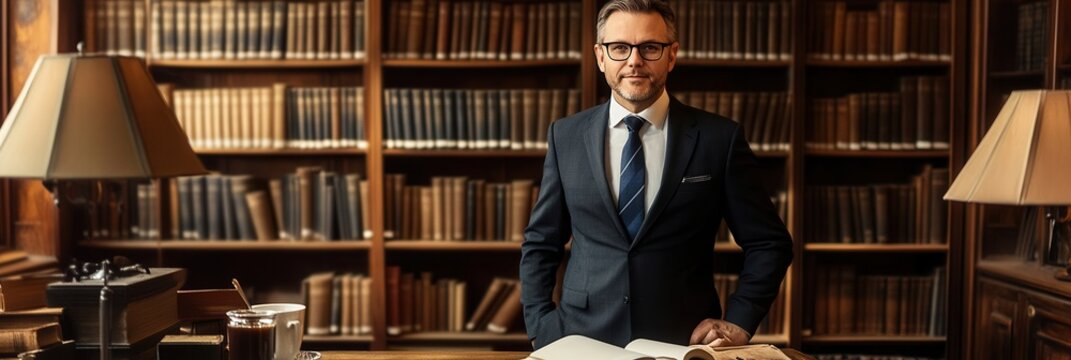 A confident professor poses in a suit near a rich bookshelf, showcasing a scholarly environment filled with books. Generative AI