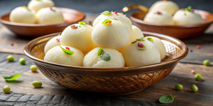 Delicious rasgulla dessert served in traditional bowl, garnished with green leaves and colorful toppings, perfect for celebrations and sweet cravings