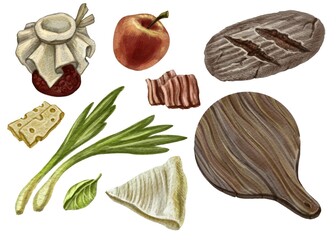 Set of food illustrations. Picnic goods, vintage style. For advertising and labels of restaurants, bakeries, snack bars in home or country style. Grocery store design, food delivery, takeaway. High
