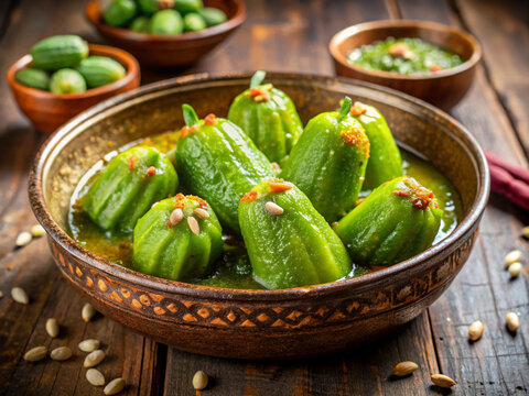 Delight in vibrant green parwal ki mithai, traditional Indian sweet made from pointed gourd, beautifully presented in decorative bowl. dish is garnished with nuts and served with rich syrup, evoking