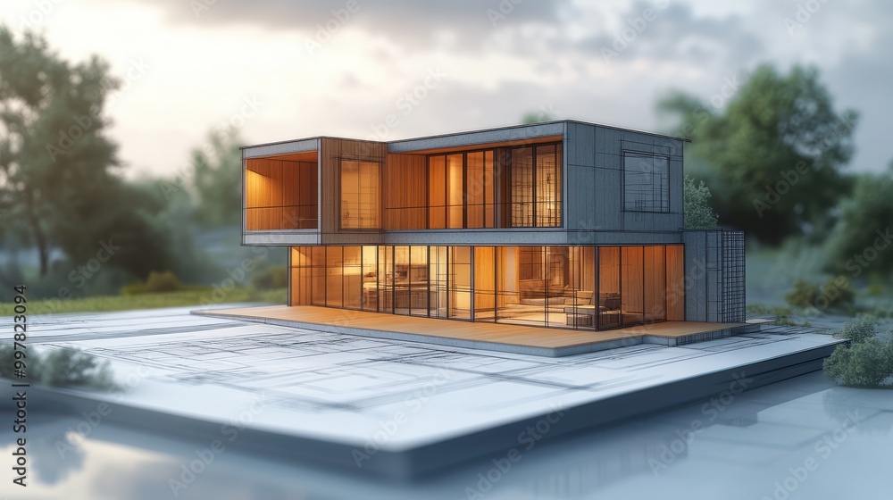 Poster vision of architecture of a 3d model house project with blueprint
