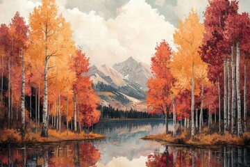 Naklejka premium Autumn Landscape with Colorful Trees and Mountain View