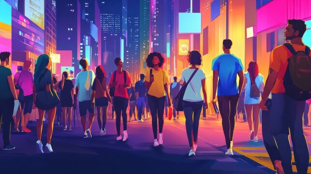 Vibrant vector illustration of urban nightlife with diverse people and a lively city backdrop, highlighting modern social life Dynamic city scene vector with young adults in casual wear, infused