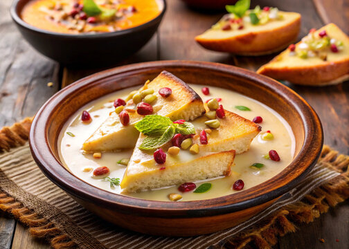 Delight in rich flavors of Shahi Tukda, traditional dessert featuring crispy bread soaked in creamy milk, garnished with pomegranate seeds and nuts