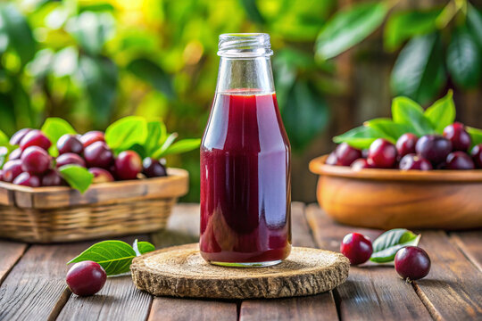 Fresh kokum juice in glass bottle surrounded by kokum fruits and green leaves, showcasing vibrant red color. This refreshing drink is perfect for summer