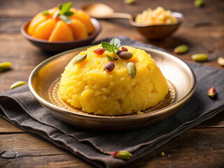 Delight in rich flavors of rava kesari, traditional Indian dessert made from semolina, sugar, and ghee, garnished with nuts and mint. This vibrant dish is perfect for celebrations