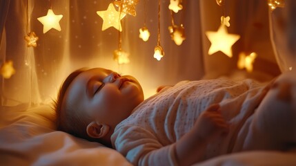 Sweet Dreams - Baby peacefully sleeping under a starry mobile in a dreamy, softly lit room