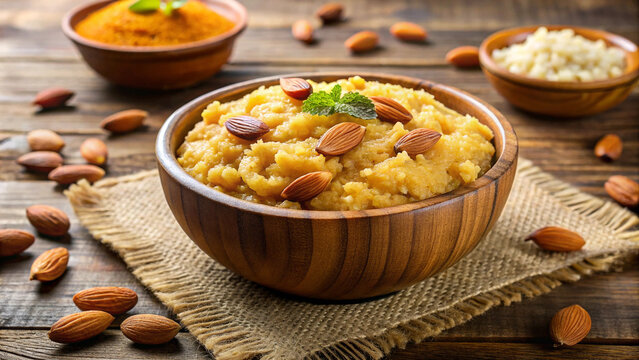 Delicious badam halwa served in wooden bowl, garnished with almonds and mint. This rich dessert is perfect for celebrations and brings warmth to any occasion