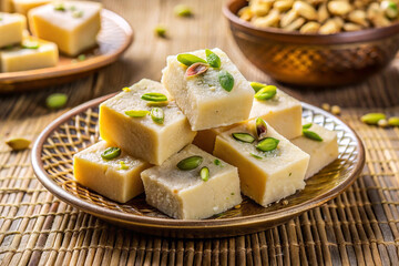 Delicious Indian sweets made from milk and sugar, garnished with pistachios and served on decorative plate. Perfect for celebrations and festive occasions