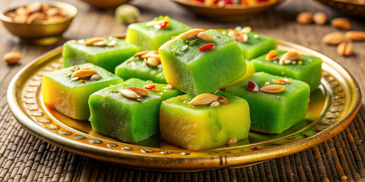 Delicious green parwal mithai is beautifully arranged on decorative plate, garnished with nuts and spices, showcasing its vibrant colors and inviting texture