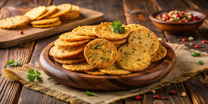 Crisp and golden brown mathri crackers seasoned with herbs, beautifully arranged on wooden plate, evoke sense of warmth and comfort. Perfect for snacking or serving at gatherings