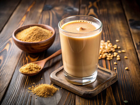 refreshing glass of sattu sharbat sits on wooden table, surrounded by ingredients like roasted sattu flour and jaggery. This traditional drink is perfect for hot day