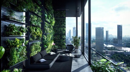 A chic balcony with vertical gardens and sleek black furniture, perfect for a high-rise apartment overlooking the city