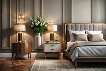 Elegant modern bedroom with nightstand, vase, and Art Deco style