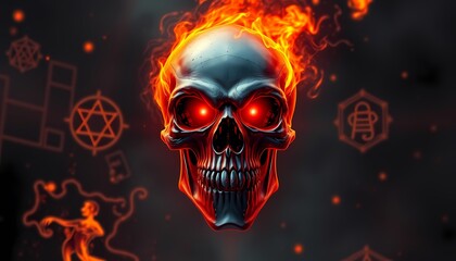 Mystical Burning Skull with Sharp Teeth and Glowing Red Eyes in Dark Energy Swirls