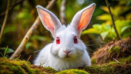 An enigmatic white rabbit with striking red eyes, elegantly posed in a lush, natural setting, captured in stunning