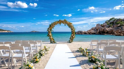 Naklejka premium Romantic Beach Wedding Setup with Floral Arch