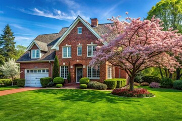 Elegant red brick house with lush green lawn and blooming tree