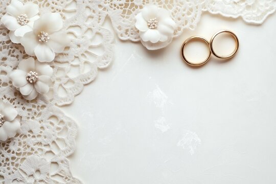 This beautifully crafted wedding invitation features white flowers, elegant golden rings, and intricate lace, offering a touch of romance perfect for any celebration