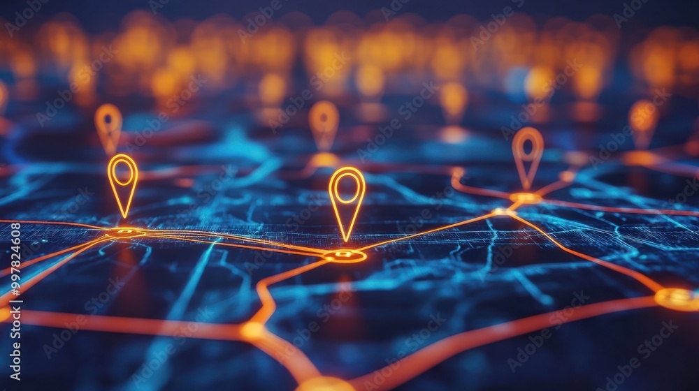 Poster a digital map featuring interconnected location pins, symbolizing global network connectivity and ge