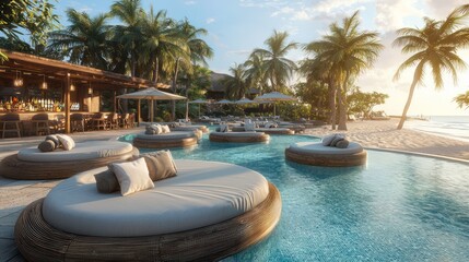 A chic poolside lounge with circular sunbeds, a nearby cabana bar, and a seamless transition to a sandy beach