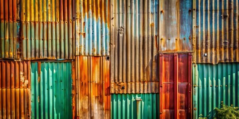Obraz premium An up-close view of a worn corrugated metal sheet, emphasizing its rugged texture and industrial design, reveals a