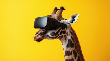 Obraz premium A giraffe with a VR headset on its head looks to the left against a yellow background.