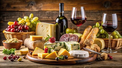 elegant table setting with cheeses wines cold meats grapes and breads